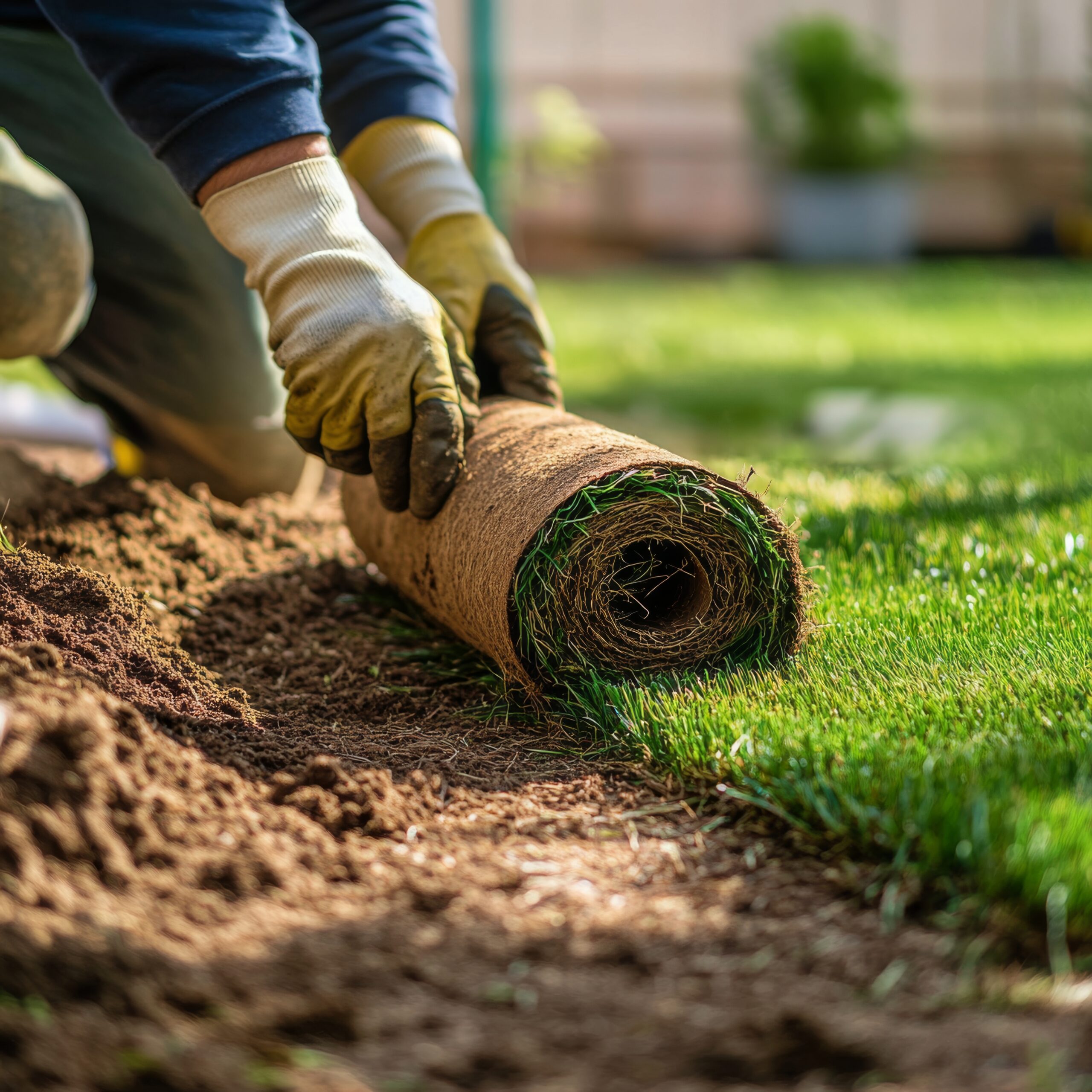 laying fresh sod in a residential yard during a sunny afternoon to enhance landscaping
